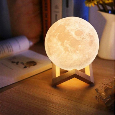 Настільний неоновий 3D нічник-місяць від акумулятора на дерев'яній підставці з сенсорним перемиканням, 13см, MOON LIGHT (Li7225)